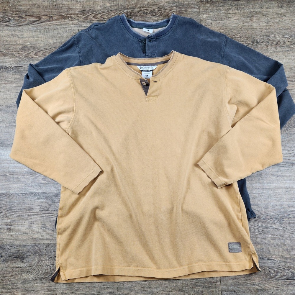 Columbia Mens Henley Long Sleeve Shirt Lot of 2 XL Gray and Tan Cotton AM6093